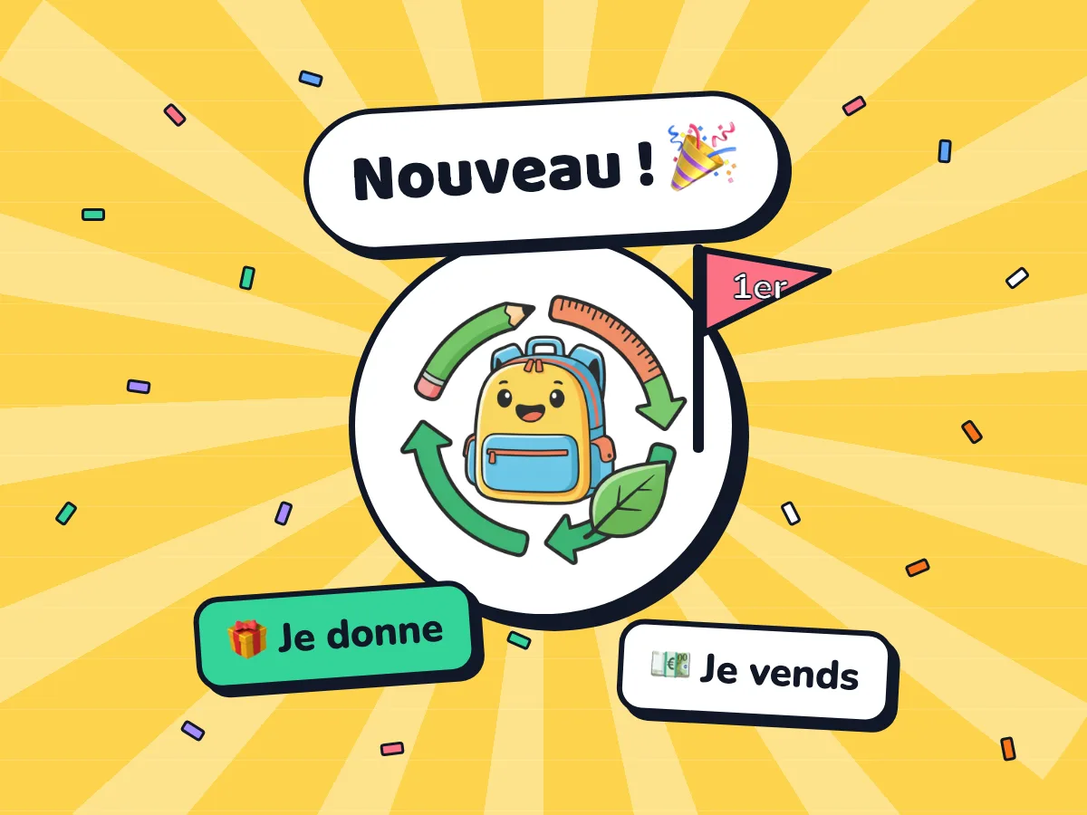 La mascotte cartable de TrocCartable avec un drapeau « 1er », des confettis et les bulles « Je donne » et « Je vends »